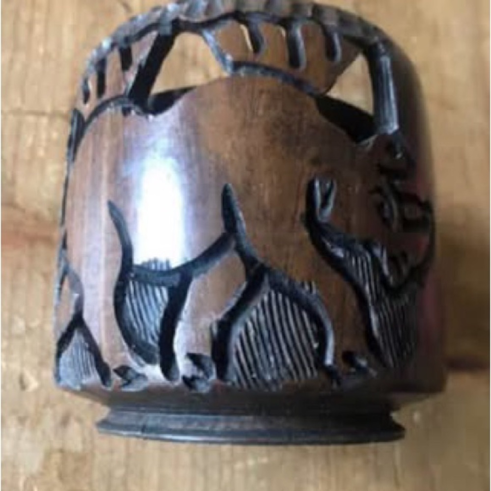 RHINO COASTERS & Holder Handmade Wood 6 Round Table Carved Wooden AFRICAN ART